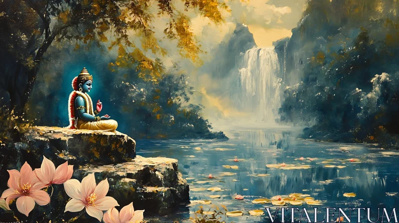 AI ART Serene Meditation by Waterfall