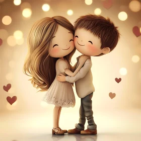 Cartoon Couple Hugging with Bokeh Background