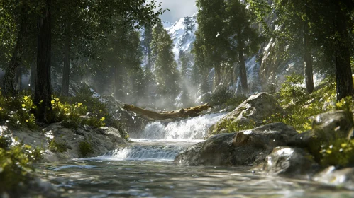 Tranquil River in Forested Mountain Area