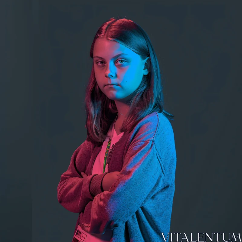 AI ART Portrait of Greta Thunberg with Blue and Red Lighting