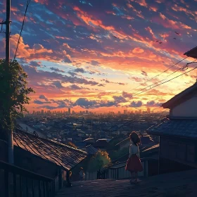 Anime Girl Watching Sunset City View