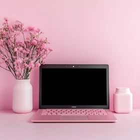 Sleek Pink Laptop and Flower Arrangement
