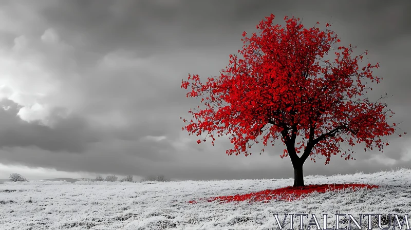 Red Tree Against Gray Sky AI Image
