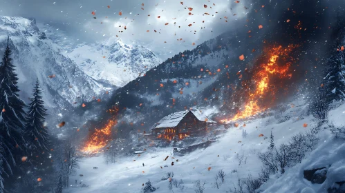 Blazing Fires in Snowy Mountain Landscape