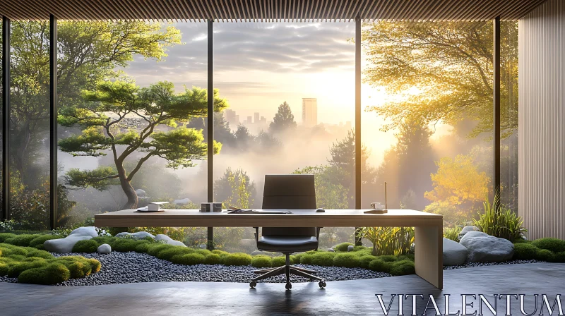 Scenic Office with Sunset and Nature Background AI Image