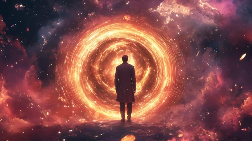 Man Facing Fiery Space Portal Art