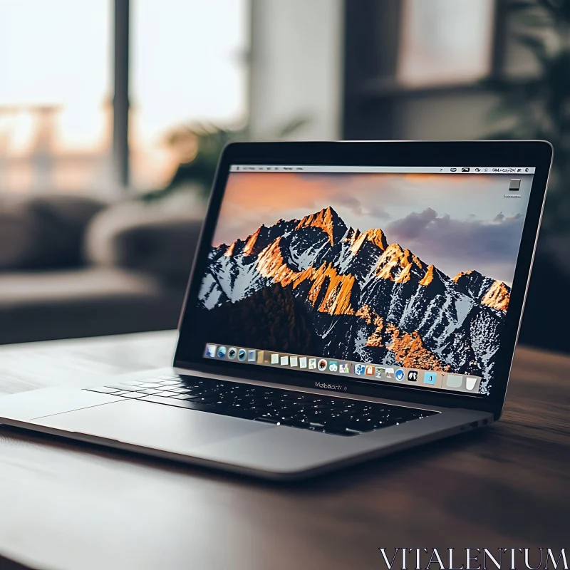 Laptop Displaying Mountains on Desk AI Image