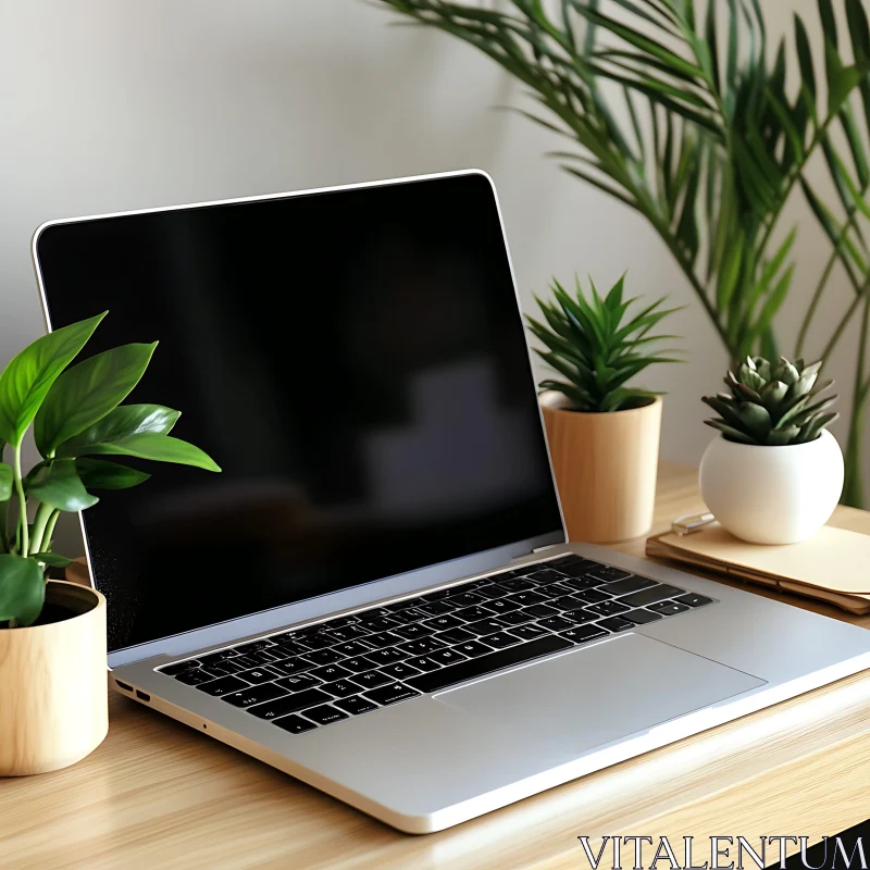 Minimalist Desk Setup with Laptop and Plants AI Image