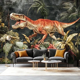 Ferocious Dinosaur Mural in Contemporary Living Space