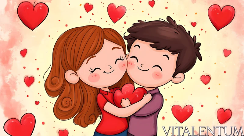 Loving Cartoon Couple with Floating Hearts AI Image