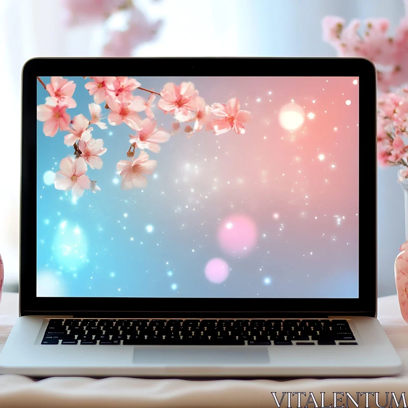 Serene Cherry Blossoms Digital Art on Laptop Display AI Image