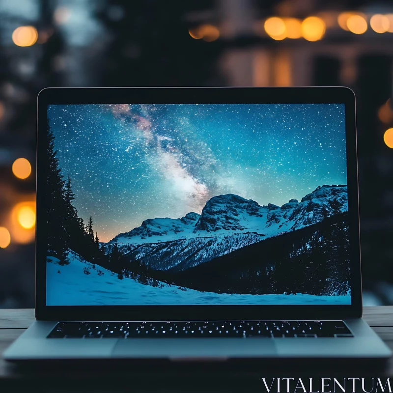 Starry Night Mountain Scene on Laptop Screen AI Image