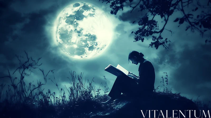 Person Reading Under Moonlight AI Image