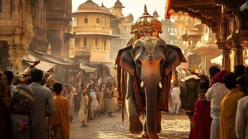 Ceremonial Elephant in a Festive Crowd