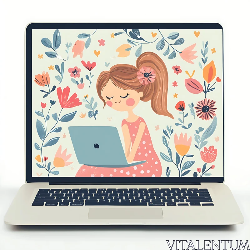 Girl on Laptop with Floral Background Illustration AI Image