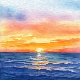 Serene Ocean Sunset Watercolor Art