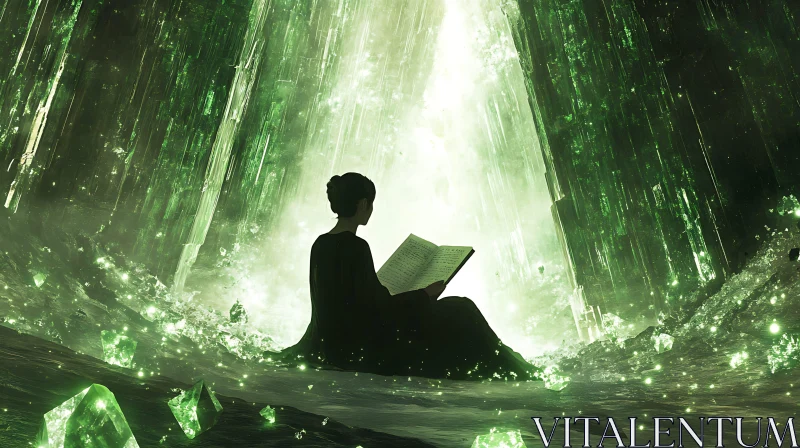 AI ART Woman Reading in Emerald Cave