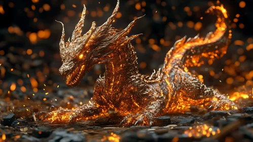 Golden Fire Dragon Resting on Embers