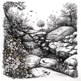 Peaceful Forest Landscape with Stream and Flora