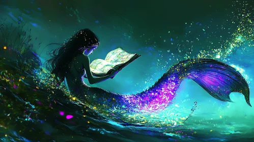 Oceanic Mermaid Reading a Magical Book