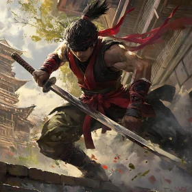 Asian Warrior with Sword Ready to Strike