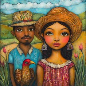 Naive Style Couple Portrait with Bird