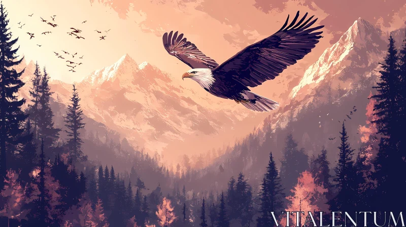 Eagle in Sunset Over Mountains AI Image