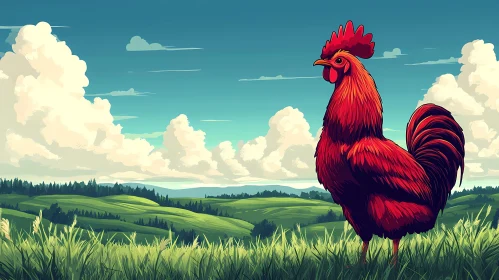 Serene Countryside Scene with Rooster