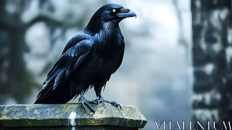 Black Raven Perched on Stone Structure AI Image