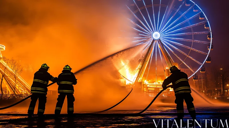 AI ART Nighttime Ferris Wheel Firefighting Scene