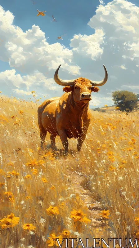 Bull Among Golden Blooms AI Image