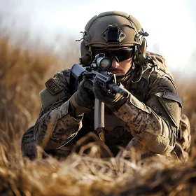 Warrior Aiming Rifle in Grassy Field