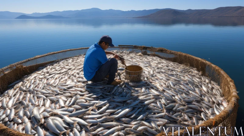 Captivating Image of a Fisher Standing by a Net of Dead Fish on Water AI Image
