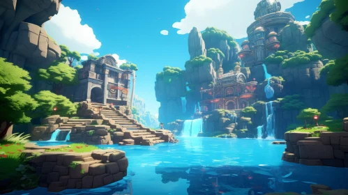 Captivating Video Game Landscape with Waterfalls and Temple