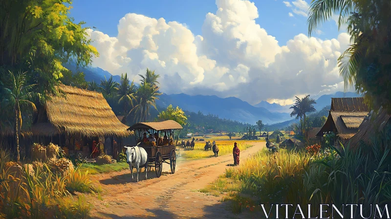 Tropical Village Landscape with Traditional Transport AI Image