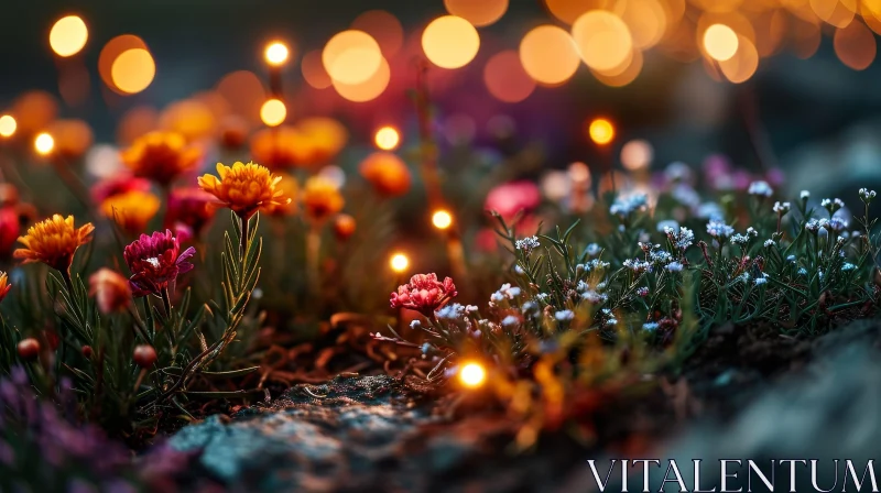 Close-up of Vibrant Flowers in a Garden at Night AI Image