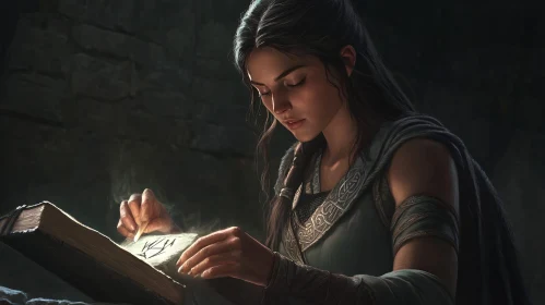 Medieval Woman Reading Magic Book