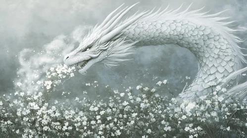 White Dragon in Floral Mist Landscape