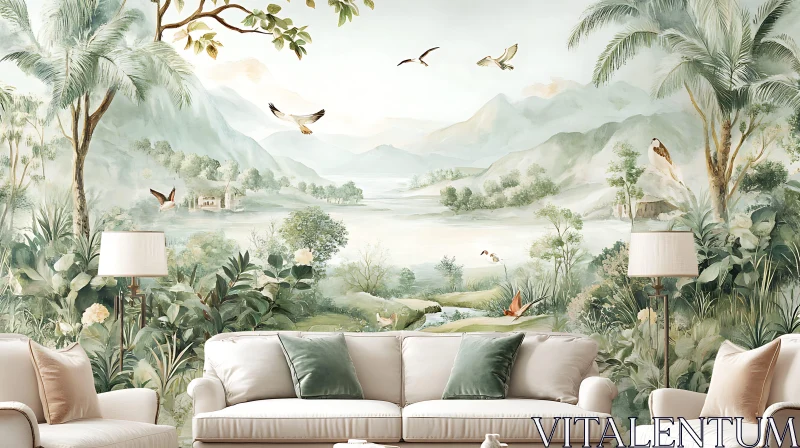 Peaceful Landscape Mural in Home Interior AI Image