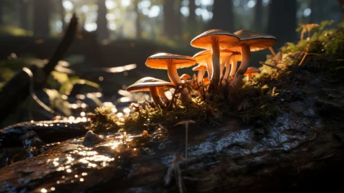 Golden Sunlit Mushrooms in Forest: A Close-Up View