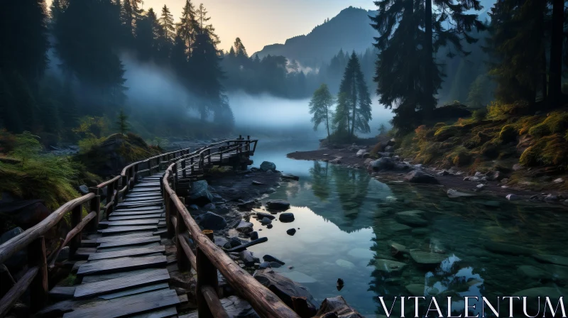 Mystic Forest River with Wooden Bridge AI Image