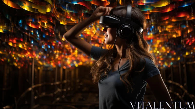 Virtual Reality Experience: Woman in VR Headset Surrounded by Colorful Light Bulbs AI Image