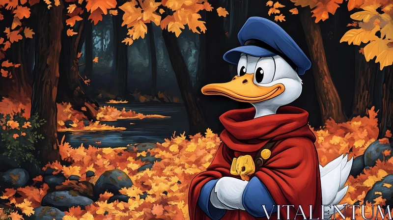 Cartoon Duck in Fall Woods AI Image