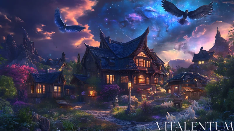 Whimsical Village Night Scene AI Image