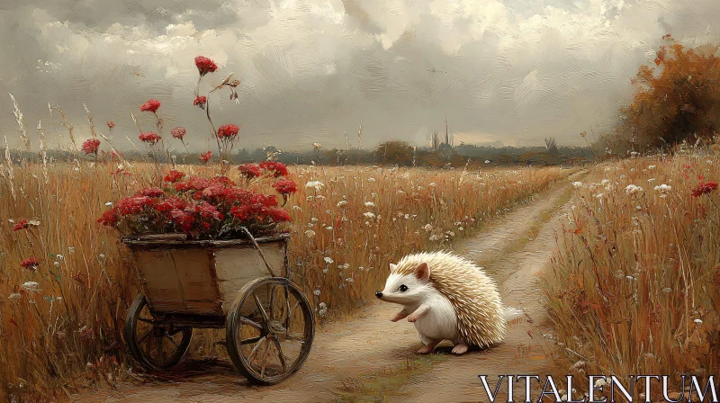 Whimsical Hedgehog and Flower Cart Pathway AI Image