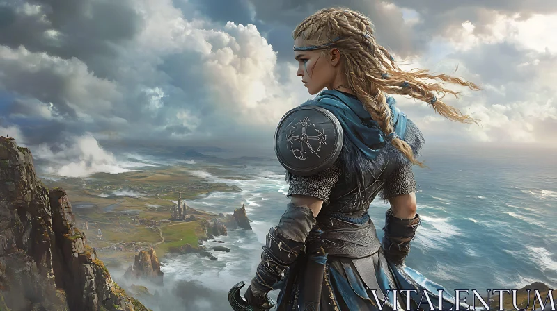 AI ART Female Warrior Overlooking the Ocean