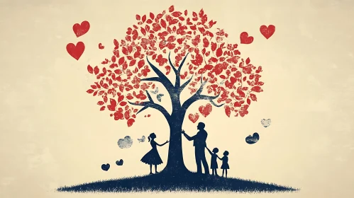 Silhouette Family Under Heart Tree