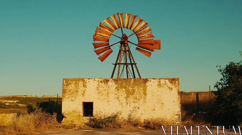 AI ART Vintage Windmill on Weathered Building