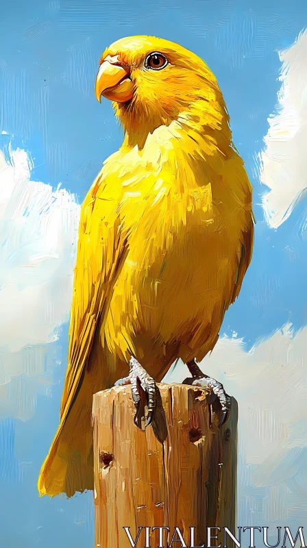 Bright Yellow Bird on Wooden Post AI Image