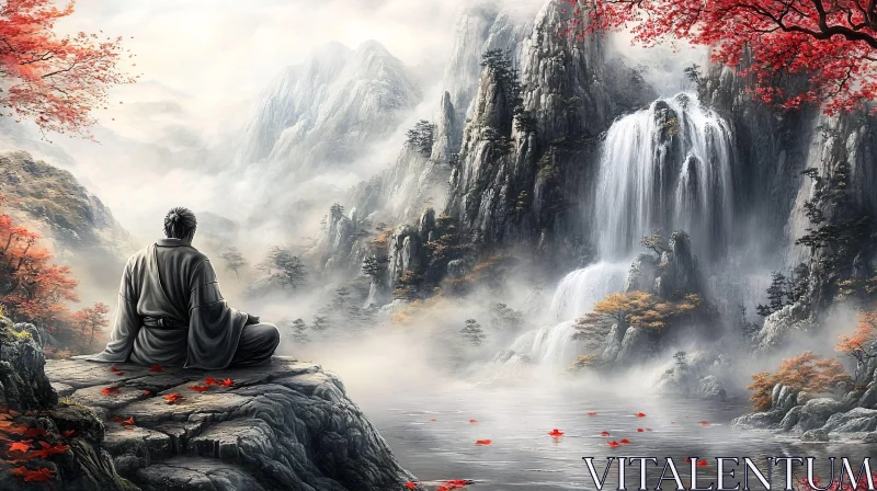 Peaceful Contemplation Near Mountain Waterfall AI Image